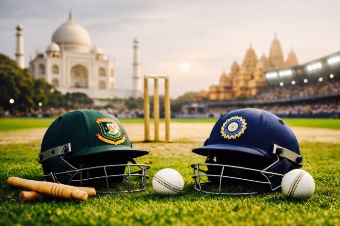 Bangladesh and India cricket helmets placed on field ahead of T20 World Cup match