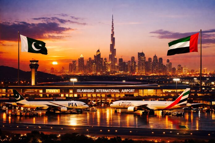 Islamabad International Airport with Pakistan and UAE flags during privatization discussions