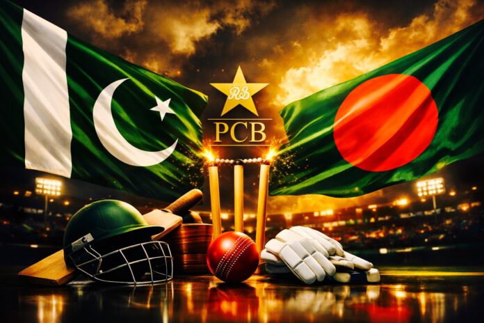 Pakistan and Bangladesh flags with cricket equipment symbolizing PCB support for Bangladesh