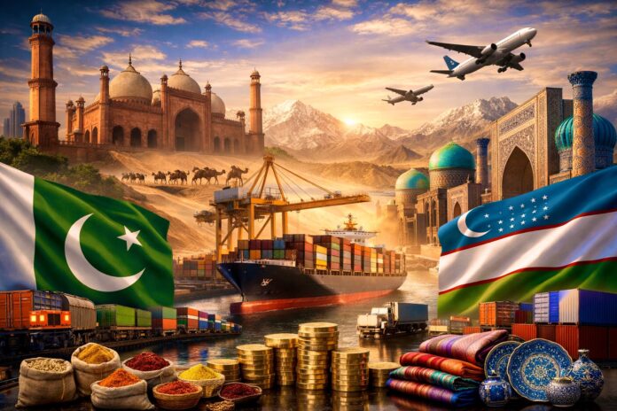 Pakistan and Uzbekistan flags with cargo ship and trade corridor concept linking South and Central Asia