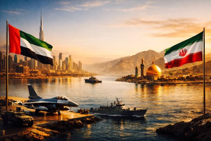 UAE and Iran flags with Gulf skyline symbolising UAE stance against military action