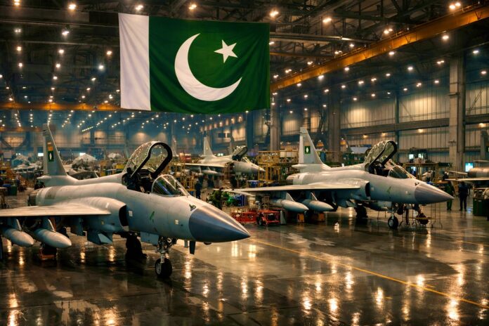 AI-generated illustration showing Pakistan’s JF-17 fighter jets at an expanded aircraft manufacturing facility