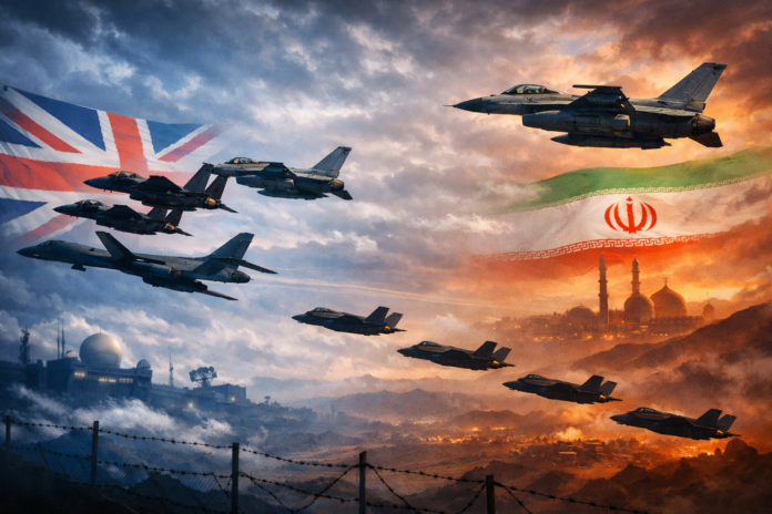 Western fighter jets flying with UK and Iran flags representing military tensions