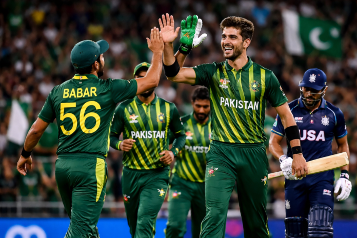 Pakistan cricket players celebrate during T20 World Cup match against USA