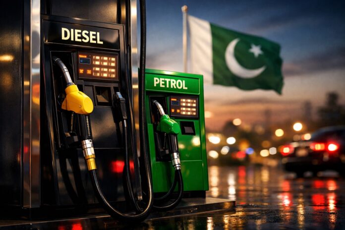 Petrol and diesel fuel pumps displayed with Pakistan flag in background