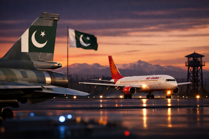 Pakistan Air Force aircraft and Indian commercial plane at airport runway