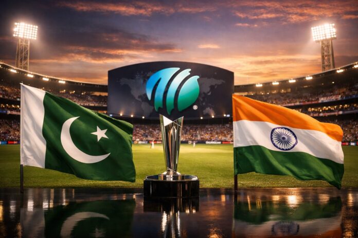 Pakistan and India flags beside ICC T20 World Cup trophy amid match dispute