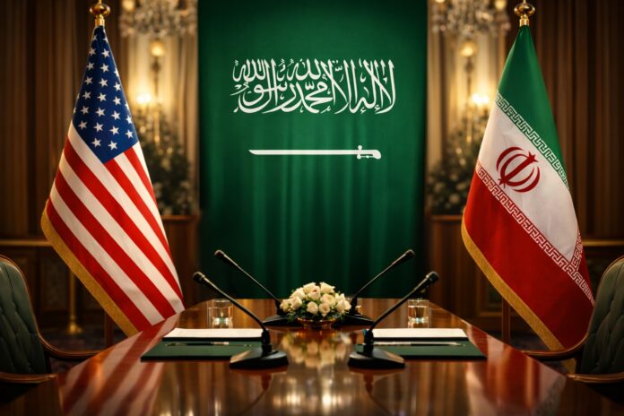 Saudi and Iranian flags displayed during diplomatic talks aimed at easing US-Iran tensions