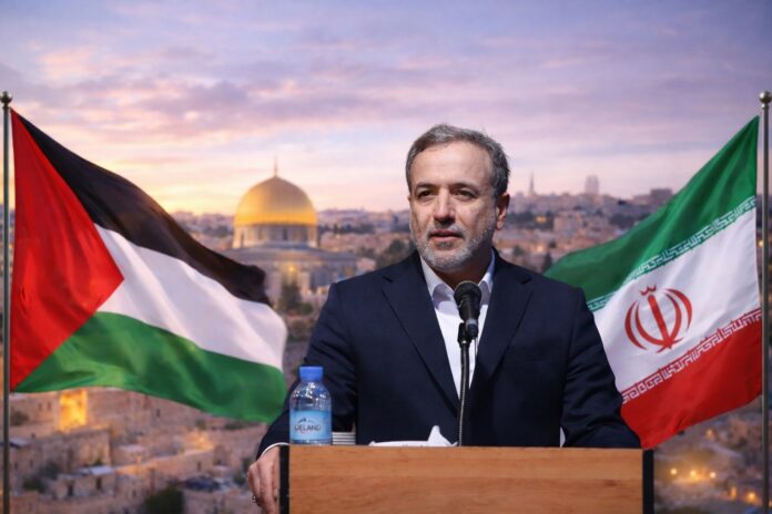 Iranian foreign minister Abbas Araghchi speaking at Doha forum with Palestinian and Iranian flags in background
