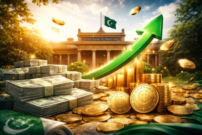 State Bank of Pakistan building with rising forex reserves concept
