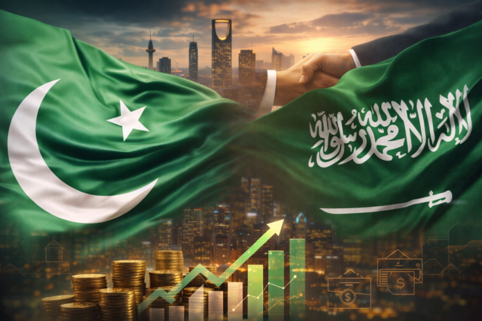 Pakistan and Saudi Arabia flags with economic growth chart symbolizing strategic economic partnership