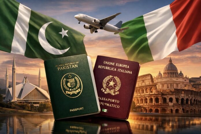Pakistani and Italian passports with national flags symbolizing new visa agreement