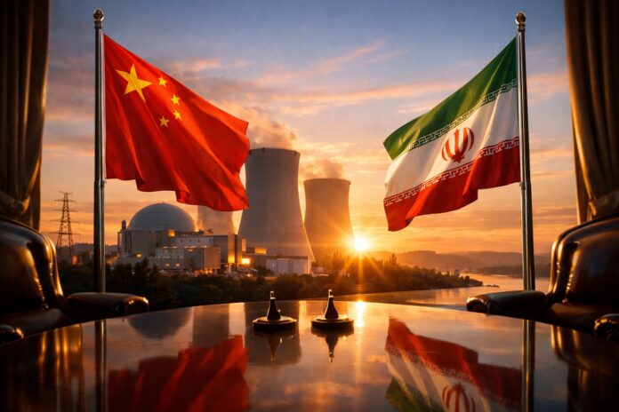 China and Iran flags displayed during diplomatic talks on peaceful nuclear cooperation