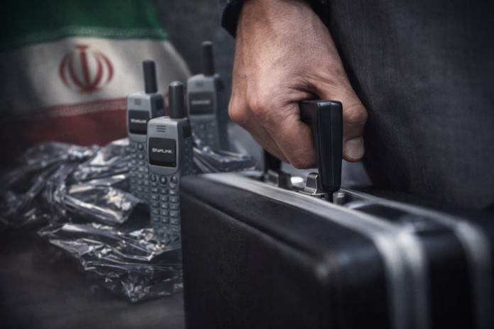 Satellite communication devices inside a suitcase during airport inspection in Iran.