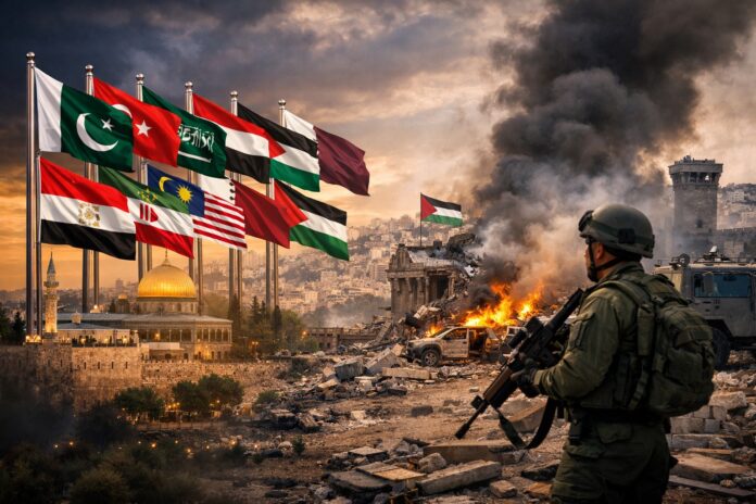 Flags of Muslim countries amid conflict scene in occupied West Bank