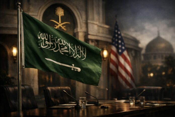 Saudi and US flags displayed at diplomatic meeting venue