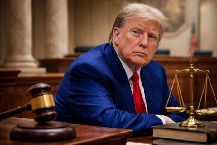 Donald Trump seated in courtroom setting representing legal ruling on tariffs