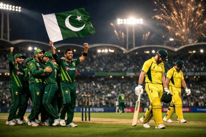 Pakistan players celebrate after defeating Australia in the third T20 match in Lahore