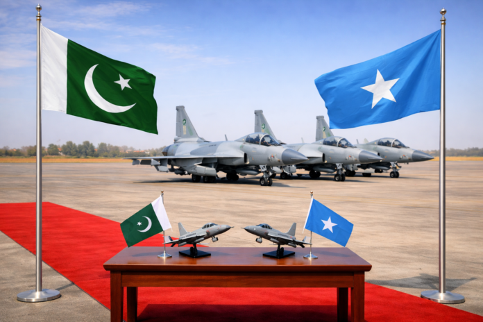 JF-17 fighter jets displayed with Pakistan and Somalia flags during defence discussions.