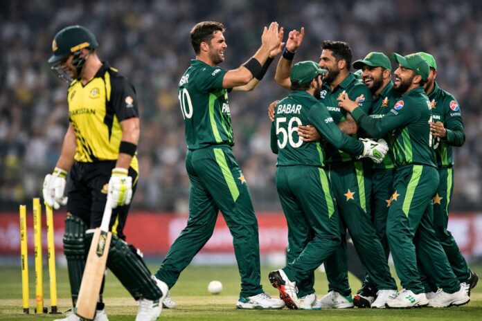 Pakistan players celebrate after defeating Australia in second T20 in Lahore