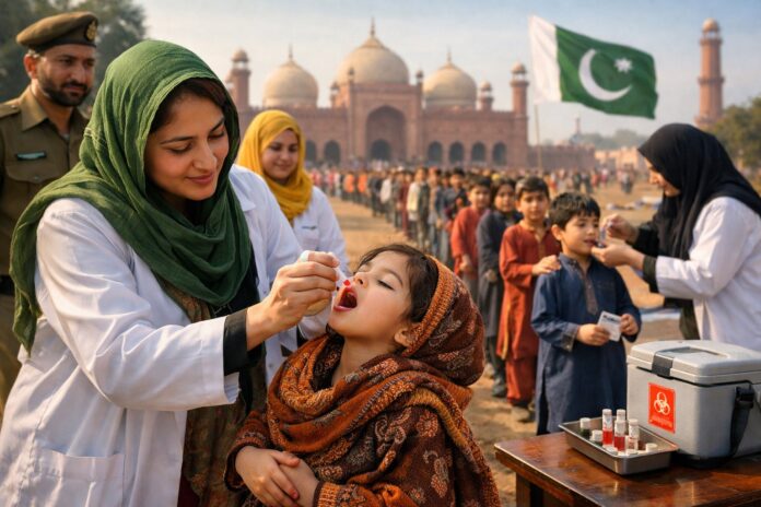 Health worker administers polio drops to child during Pakistan national vaccination drive