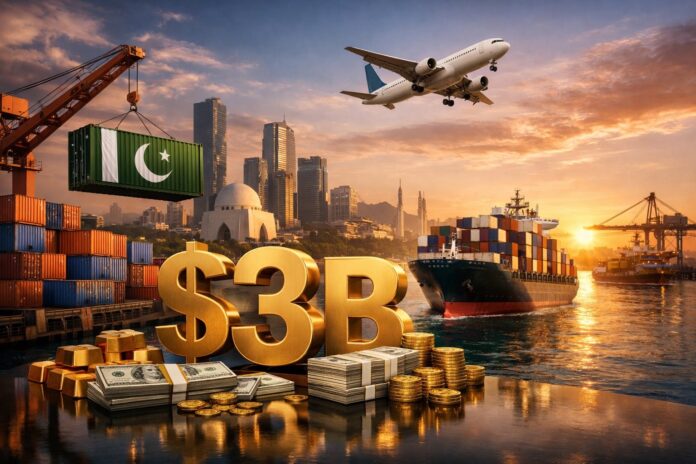 Pakistan trade growth shown with shipping containers, cargo ship and export figures