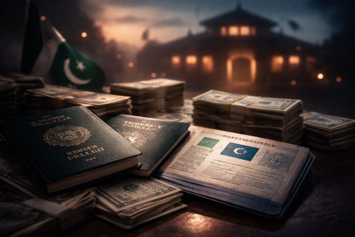 Pakistani passports and visa documents placed with currency symbolizing visa process concerns