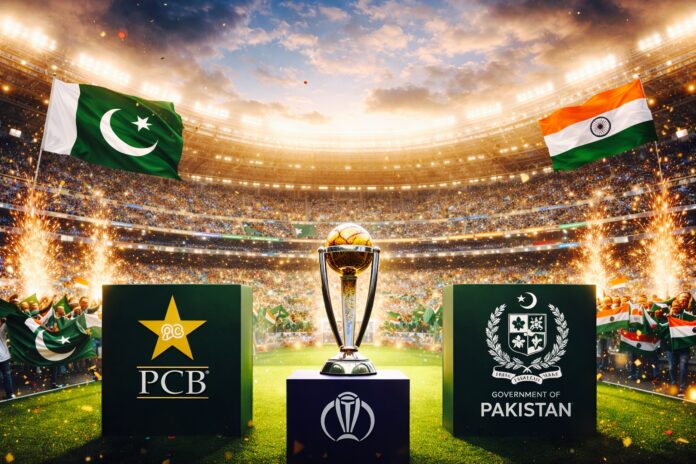 T20 World Cup trophy displayed with Pakistan and India flags in stadium