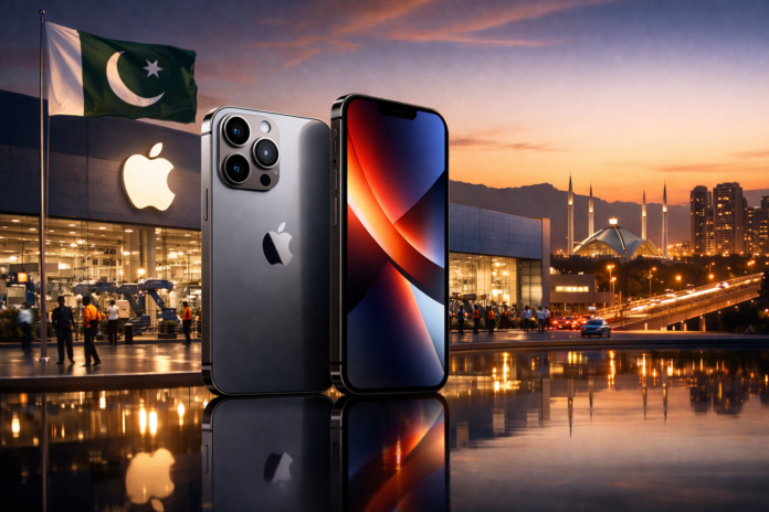 Apple iPhone displayed in front of Apple store with Pakistan skyline background