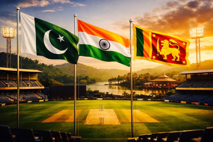 Pakistan and India flags displayed at a cricket stadium ahead of ICC T20 World Cup match in Sri Lanka