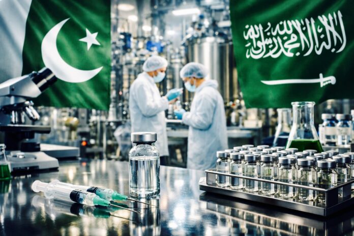 Pakistani and Saudi laboratory teams prepare vaccine samples during talks on local manufacturing cooperation