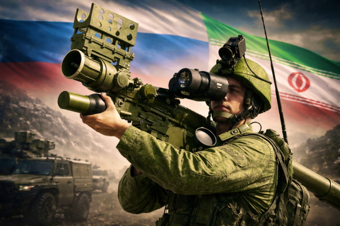 Russian soldier holding a portable air defence launcher with Russian and Iranian flags in background.