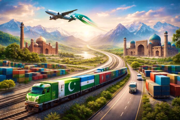 Pakistan and Uzbekistan trade corridor concept showing rail freight, highway transport and air connectivity