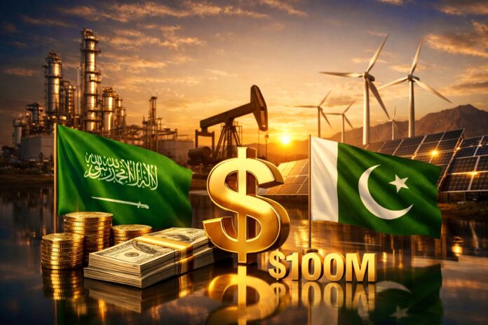 Saudi and Pakistani flags with energy infrastructure symbolizing Wafi Energy’s planned $100 million investment in Pakistan