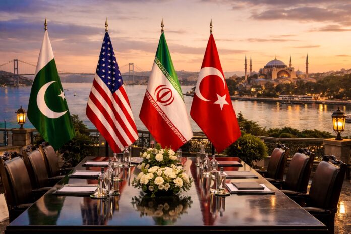 Pakistan US Iran Turkey flags at diplomatic table in Istanbul
