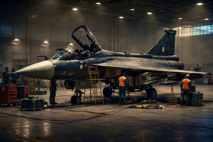 Tejas fighter jet undergoing technical inspection inside maintenance hangar