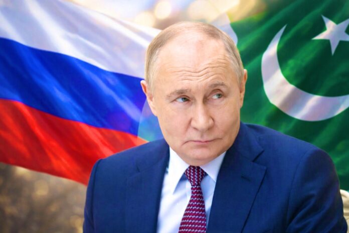 Russian President Vladimir Putin with Pakistan and Russia flags in background