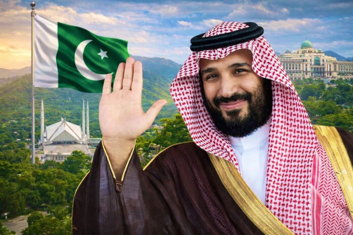 Saudi Crown Prince Mohammed bin Salman waves as Pakistan flag appears in background