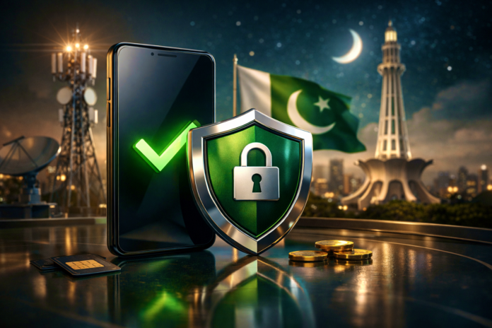 Smartphone with security shield symbol representing telecom user protection in Pakistan.