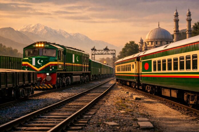 Pakistan Railways freight locomotive and passenger coaches during Bangladesh delegation visit