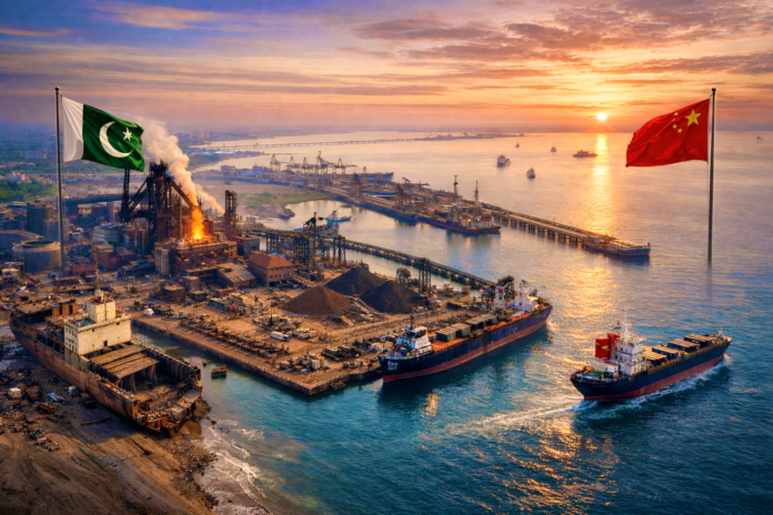 Port Qasim industrial port with cargo ships and Pakistan China flags