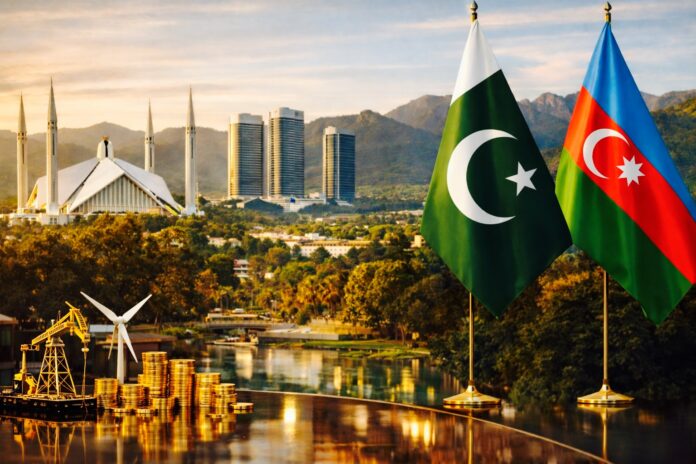Pakistan and Azerbaijan flags displayed during investment talks in Islamabad