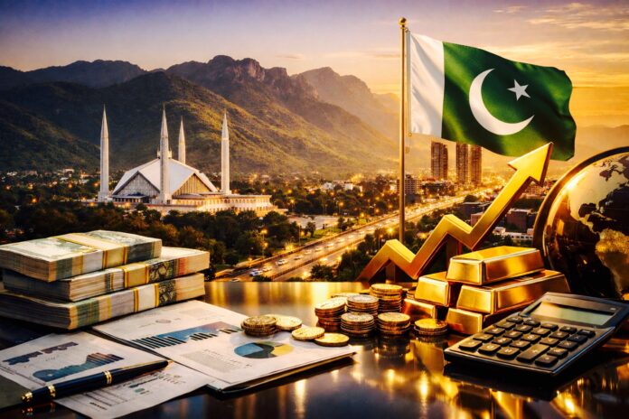 Pakistan economy illustration showing Islamabad skyline and rising financial indicators