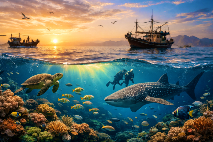 Marine ecosystem with fish, turtle and whale shark illustrating ocean biodiversity protection