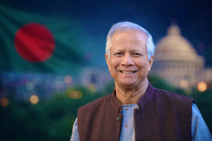 Muhammad Yunus portrait with Bangladesh flag background